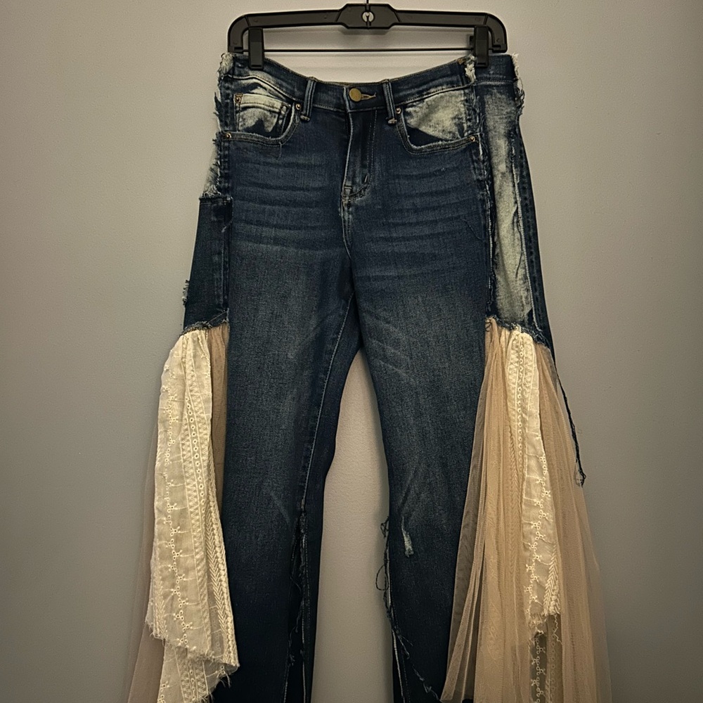 Blue Flare Wide Leg Jeans with Cream Accents